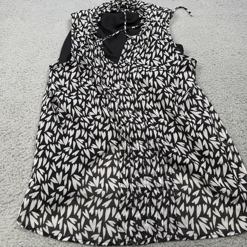 LOFT Blouse Womens Large Black White Tie Neck Sleeveless Lined Heart Print‎ Top